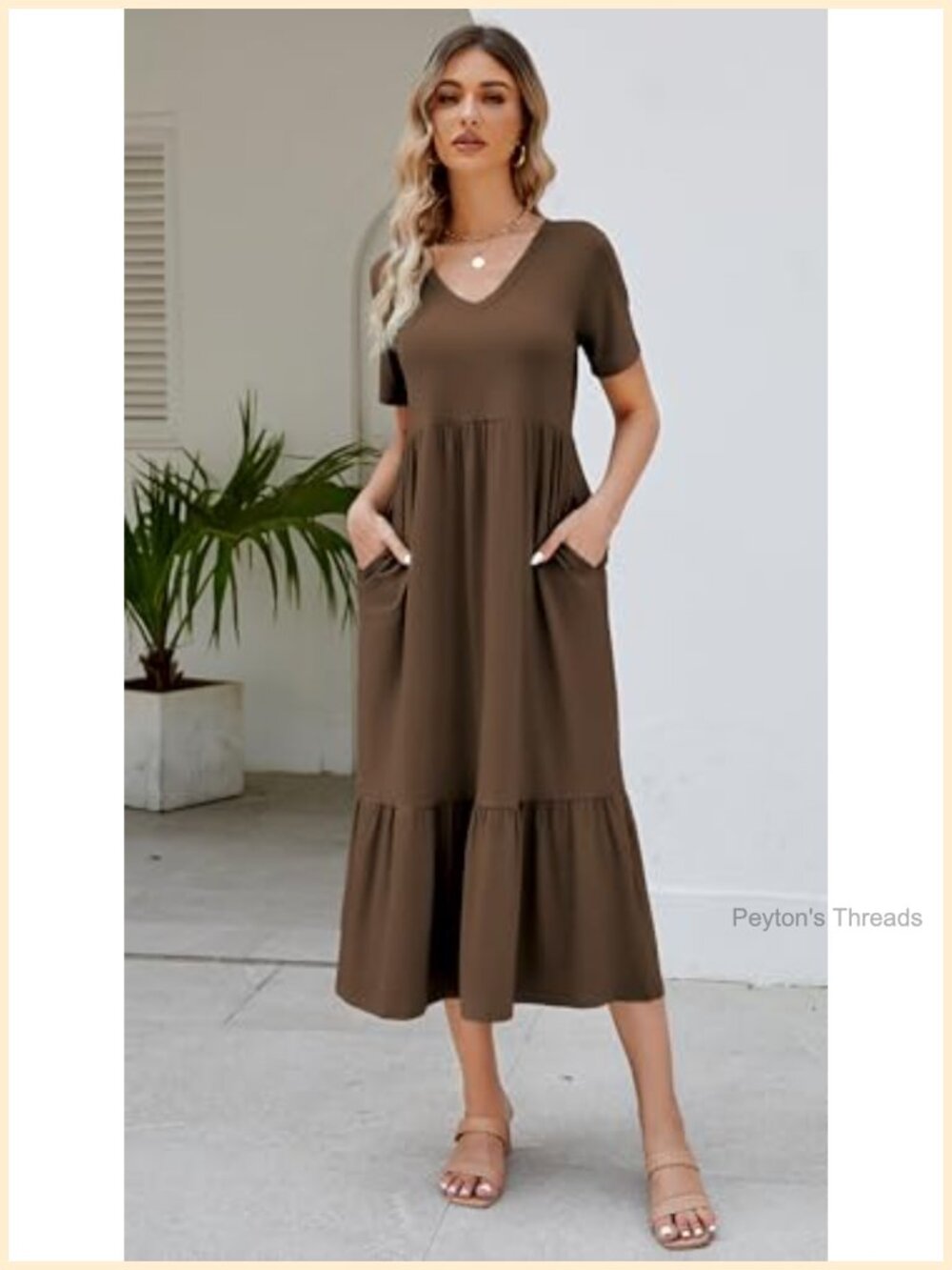 V Neck Swing Dress Flowy Tiered Maxi Beach Sundress with Pockets - Picture 3 of 6